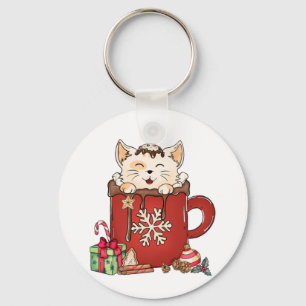 Cute Cat Christmas Chocolate Coffee Key Ring