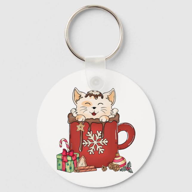 Cute Cat Christmas Chocolate Coffee   Key Ring (Front)