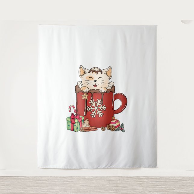 Cute Cat Christmas Chocolate Coffee   Tapestry (Front)