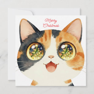 Cute Cat Christmas gazing at tree lights Holiday Card
