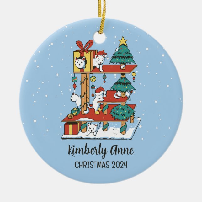 Cute Cat Christmas Kitten Snowy Winter Holiday Ceramic Tree Decoration (Front)