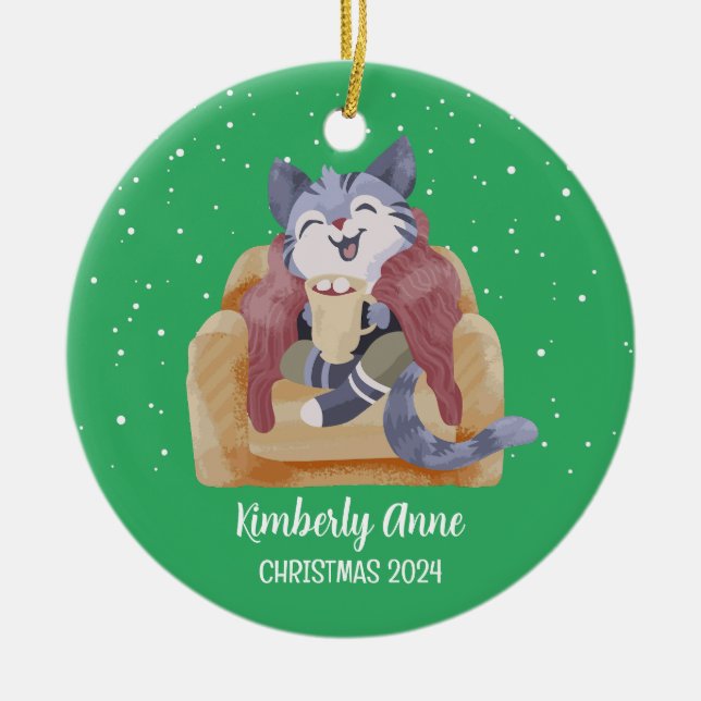 Cute Cat Christmas Kitty Snowy Winter Holiday Ceramic Tree Decoration (Front)