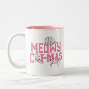 Cute Cat Christmas Light Pink Holiday  Two-Tone Coffee Mug