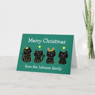 Cute Cat Christmas Lights Custom Green Holiday Card