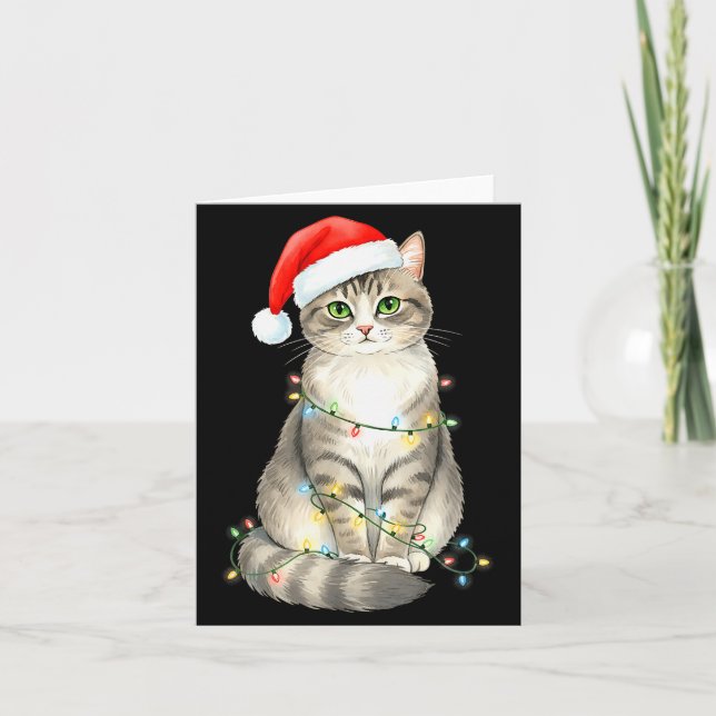 Cute Cat Christmas Lights Santa Hat Snow Holiday A Card (Front)