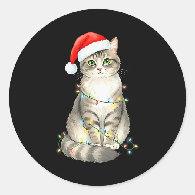 Cute Cat Christmas Lights Santa Hat Snow Holiday A Classic Round Sticker (Front)