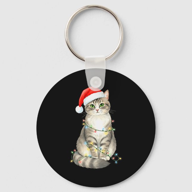 Cute Cat Christmas Lights Santa Hat Snow Holiday A Key Ring (Front)