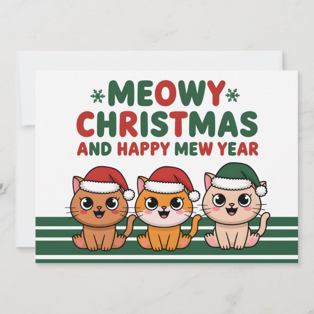 Cute cat christmas meow wearing christmas hat  holiday card (Front)