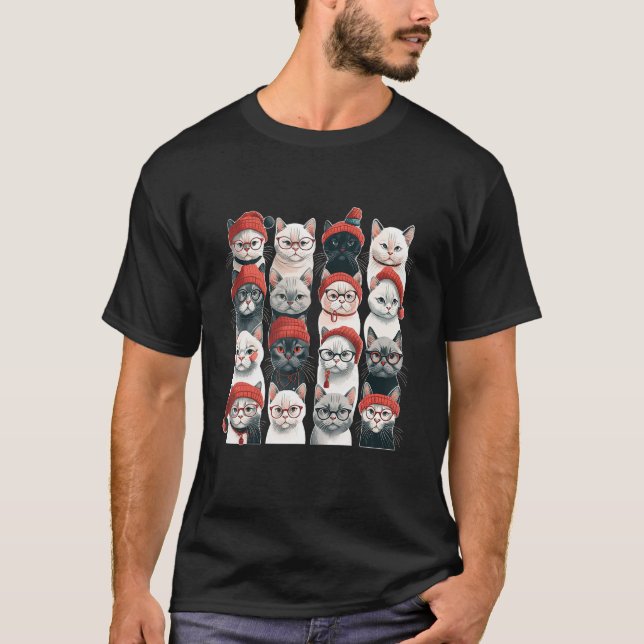 Cute Cat Christmas Santa Hat Animal Illustration T-Shirt (Front)