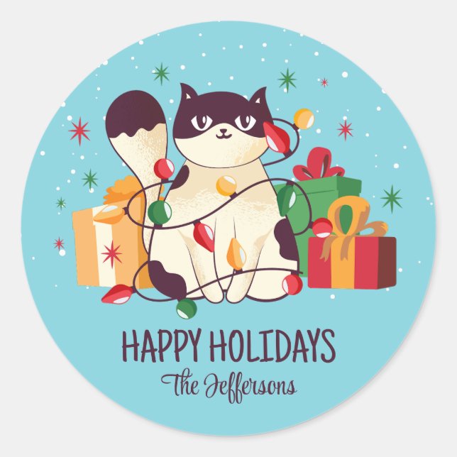 Cute Cat Christmas Snowy Winter Holiday Classic Round Sticker (Front)