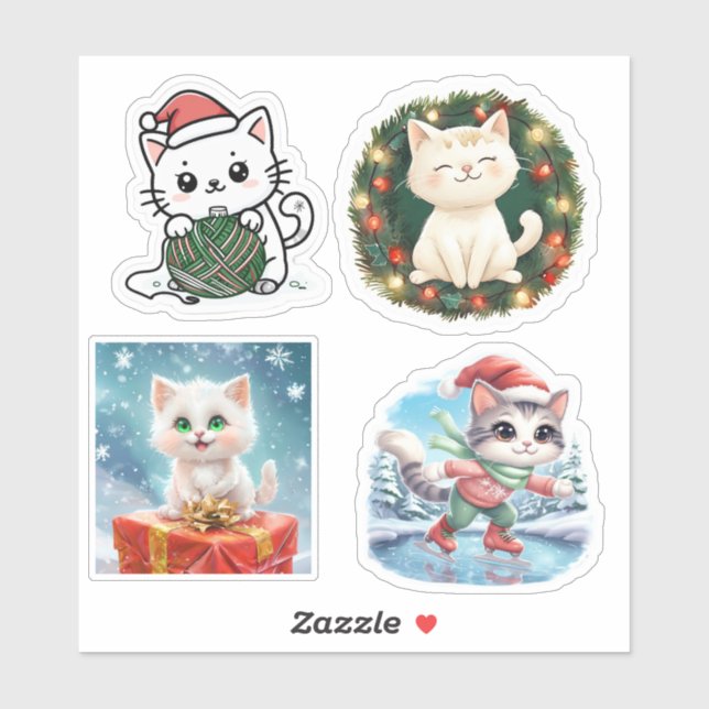 Cute Cat Christmas Stickers, Cat Holiday Stickers  (Sheet)