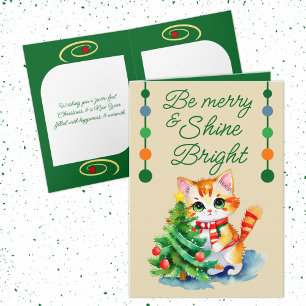 Cute cat & Christmas tree be merry cream green Holiday Card