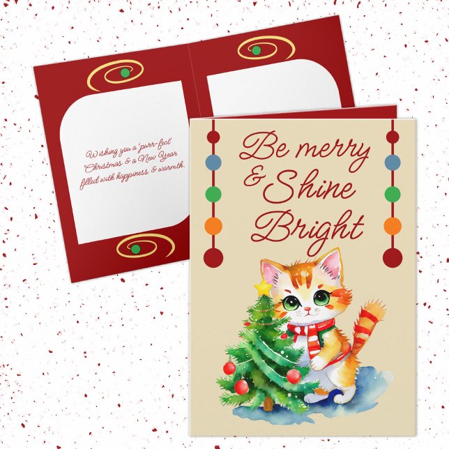 Cute cat & Christmas tree be merry cream red Holiday Card (Creator Uploaded)