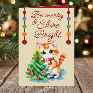 Cute cat & Christmas tree be merry cream red Holiday Card