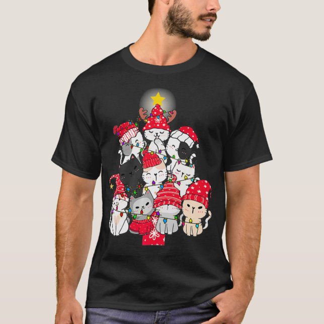 Cute Cat Christmas Tree Cat Lover Kittens Meowy T-Shirt (Front)