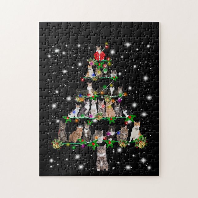 Cute Cat Christmas Tree Covered By Flashlight Jigsaw Puzzle (Vertical)