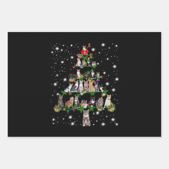 Cute Cat Christmas Tree Covered By Flashlight Wrapping Paper Sheet (Front)