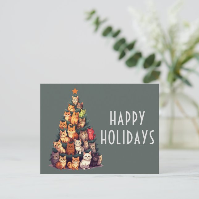 Cute Cat Christmas Tree Holiday Postcard (Standing Front)