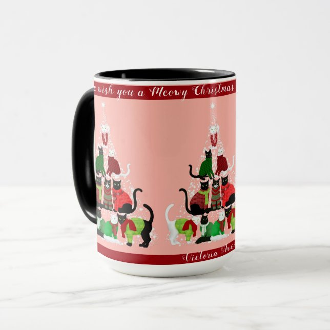 Cute Cat Christmas Tree Personalised  Coffee Mug (Front Left)