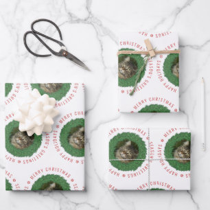Cute Cat Christmas Wreath Custom Pet Photo Wrapping Paper Sheet