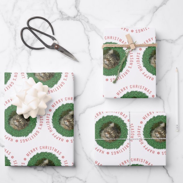 Cute Cat Christmas Wreath Custom Pet Photo Wrapping Paper Sheet (Front)