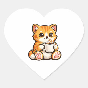 Cute Cat Coffee – Cozy Orange Cat Drinking Coffee  Heart Sticker