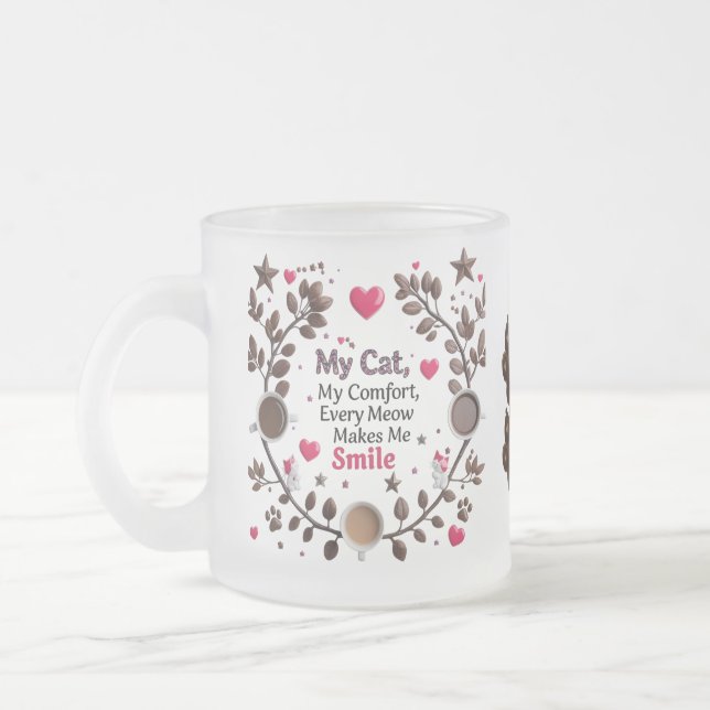 Cute Cat & Coffee Forest Mug – Pink Heart  (Left)