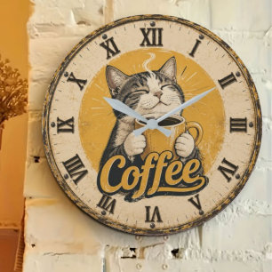 Cute Cat Coffee Large Clock