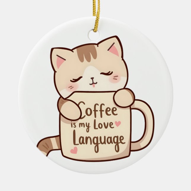 Cute Cat Coffee Love Language Ceramic Tree Decoration (Front)