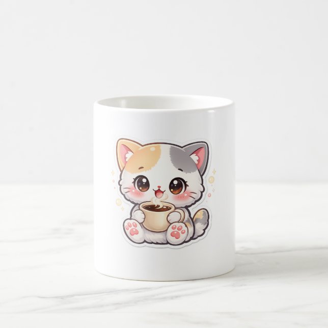 Cute Cat Coffee Lover Gift - Kawaii Kitten Mug for (Center)