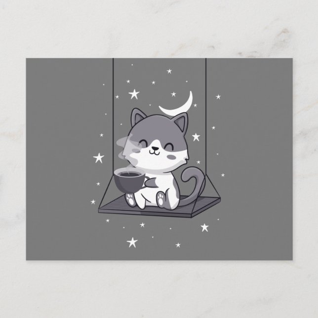 Cute Cat Coffee lovers, Kitten Swing Caffeine gift Postcard (Front)
