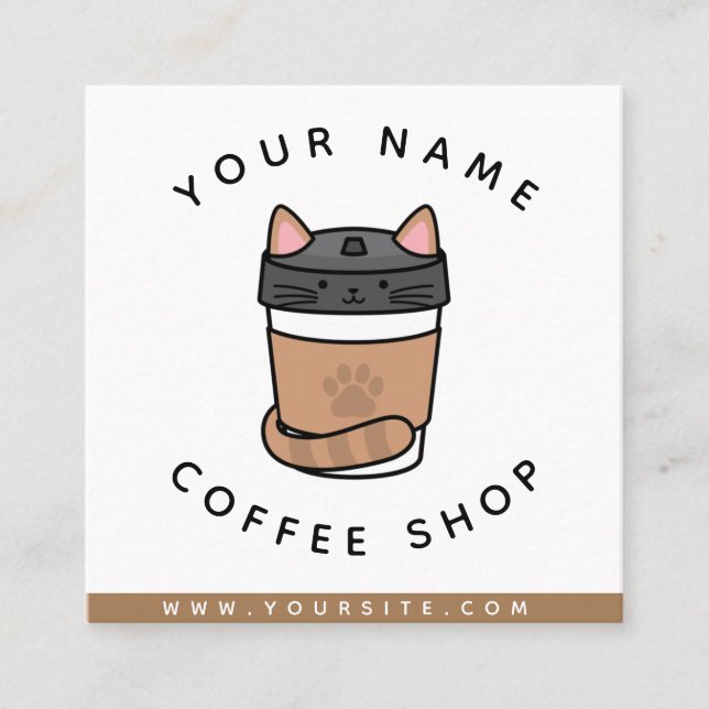 Cute Cat Coffee Shop Funny Pet Add Social Media Square Business Card (Front)