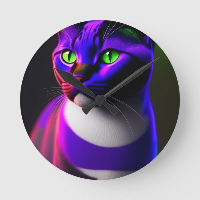 Cute Cat Colour Neon Light Round Clock (Front)