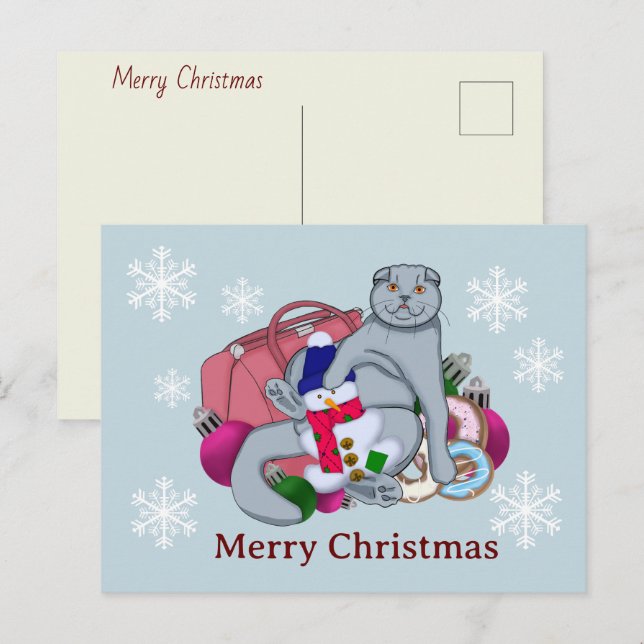 Cute cat congratulates Merry Christmas and New Yea Holiday Postcard (Front/Back)