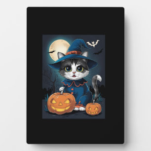 Cute Cat Costume Halloween And Pumpkin Plaque