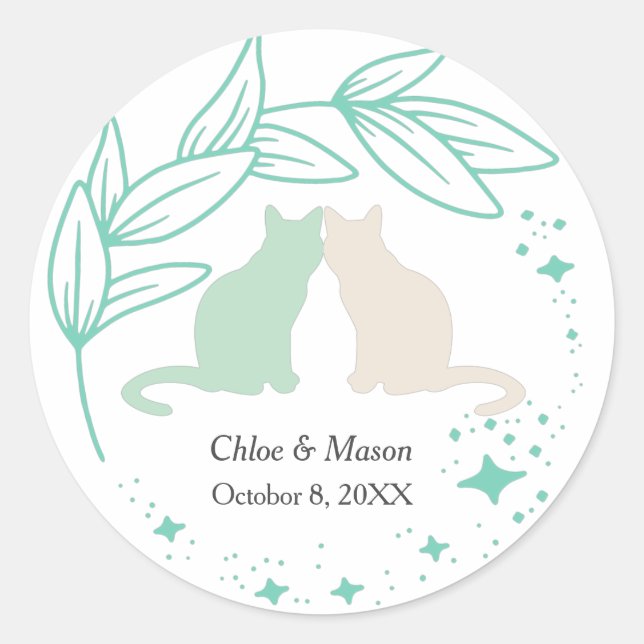Cute Cat Couple and Unique Greenery Classic Round Sticker (Front)
