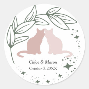 Cute Cat Couple and Unique Greenery  Classic Round Sticker