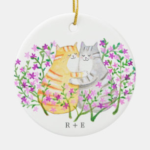 Cute Cat Couple Flowers Custom initial name year  Ceramic Tree Decoration