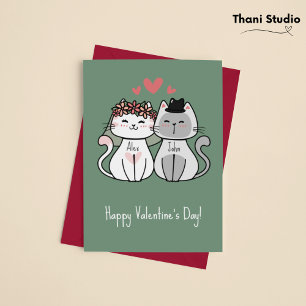 Cute Cat Couple Happy Valentine's Day Pastel Green Holiday Card