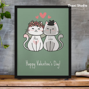 Cute Cat Couple Happy Valentine's Day Pastel Green Photo Print
