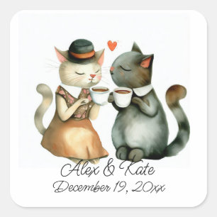 Cute Cat Couple   Romantic Wedding  Square Sticker