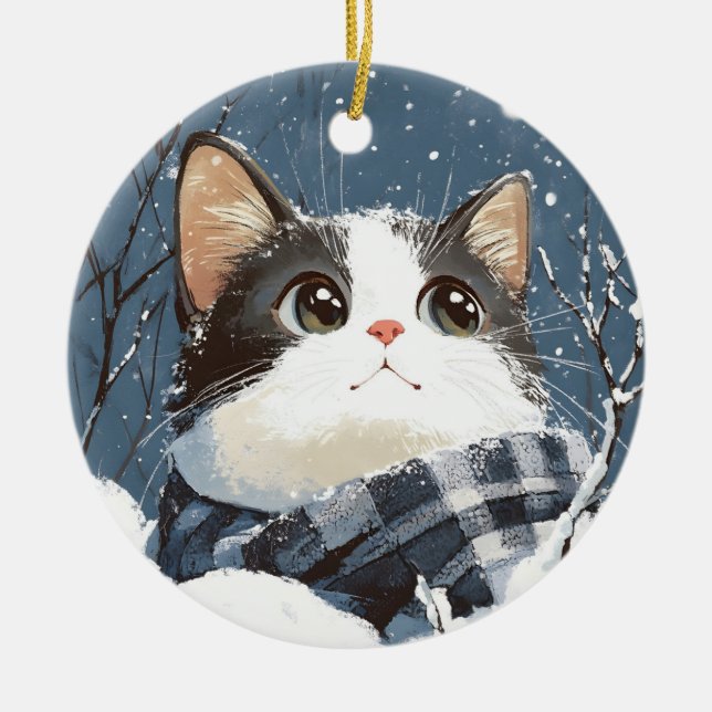 Cute cat cozy winter snow ceramic tree decoration (Front)