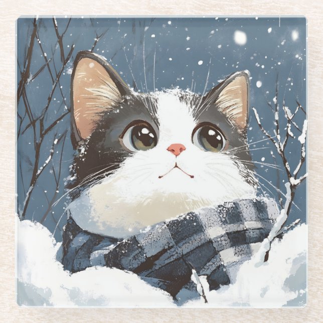 Cute cat cozy winter snow glass coaster (Front)