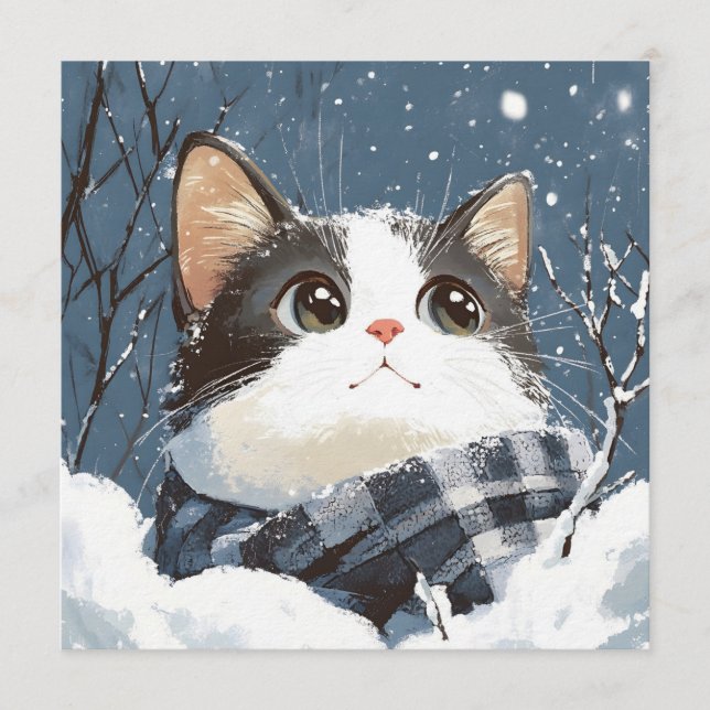 Cute cat cozy winter snow invitation (Front)