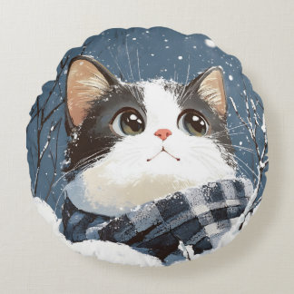 Cute cat cozy winter snow round cushion
