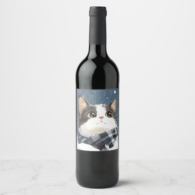 Cute cat cozy winter snow wine label (Front)