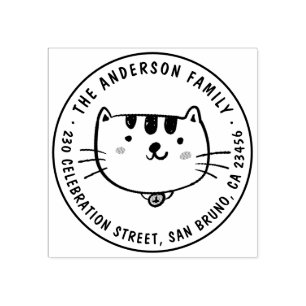 Cute Cat Custom Family Name Round Return Address Rubber Stamp