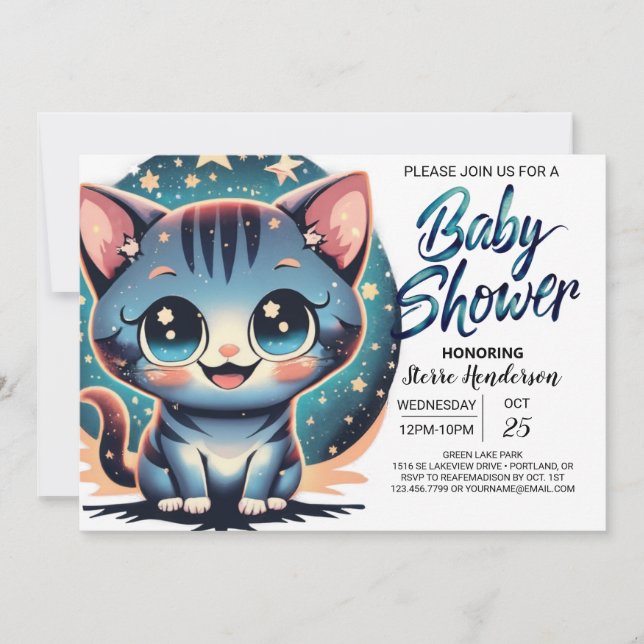 Cute Cat Digital Boy Baby Shower Invitation (Front)
