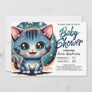 Cute Cat Digital Boy Baby Shower Invitation