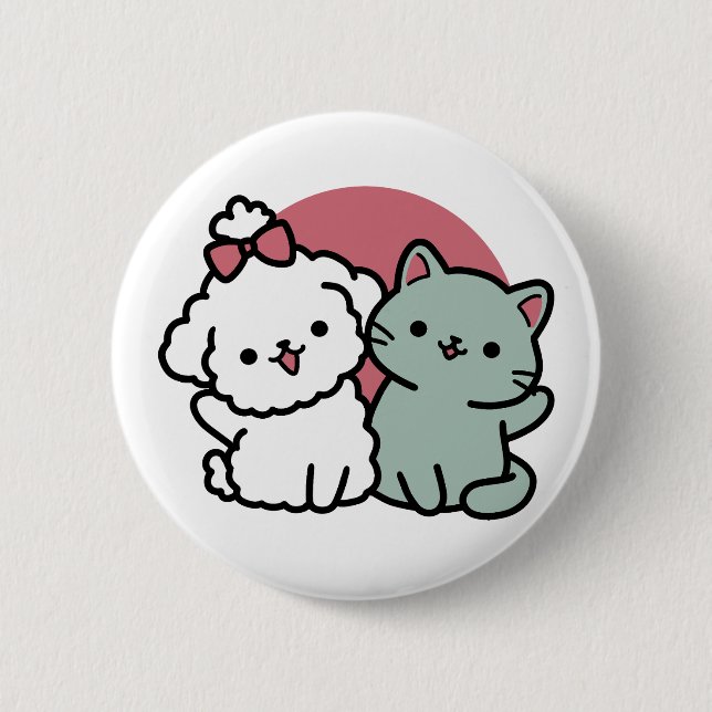 Cute Cat & Dog 'Fur-Real Friends Forever' Design 6 Cm Round Badge (Front)